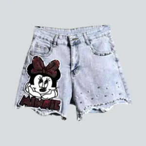 Cartoon embroidery pearl jeans shorts