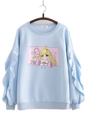 Cartoon Print Harakuju Women Sweatshirts Winter Long Sleeve Ruffes Patchwork Pullovers Sweet Style Female Kawaii Cute Tops