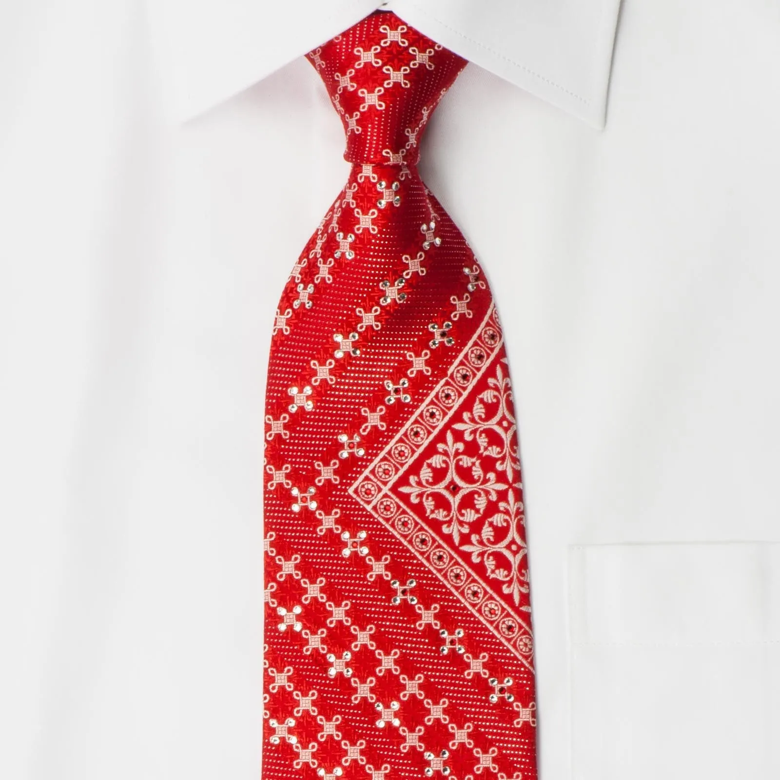 Cartouche Fleur De Lis On Red Rhinestone Necktie With Silver Sparkles