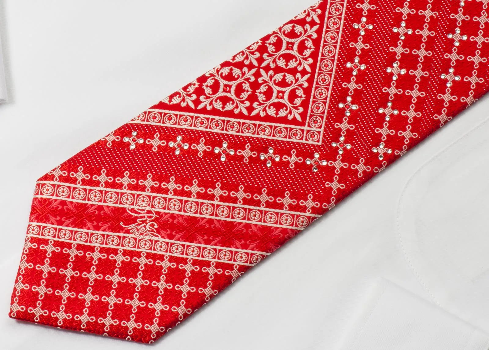 Cartouche Fleur De Lis On Red Rhinestone Necktie With Silver Sparkles