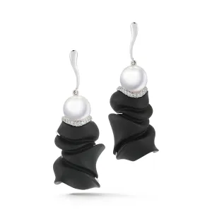 Carved Black Jade, Pearl and Diamond Earrings  