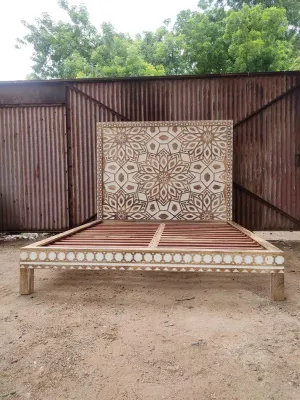 Carved Geometric Floral Design Handmade Wooden Bed