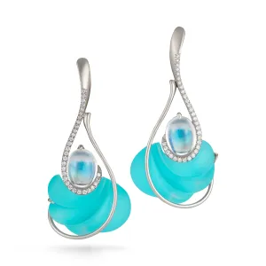 Carved Turquoise, Rock Crystal, Moonstone and Diamond Drop Earrings