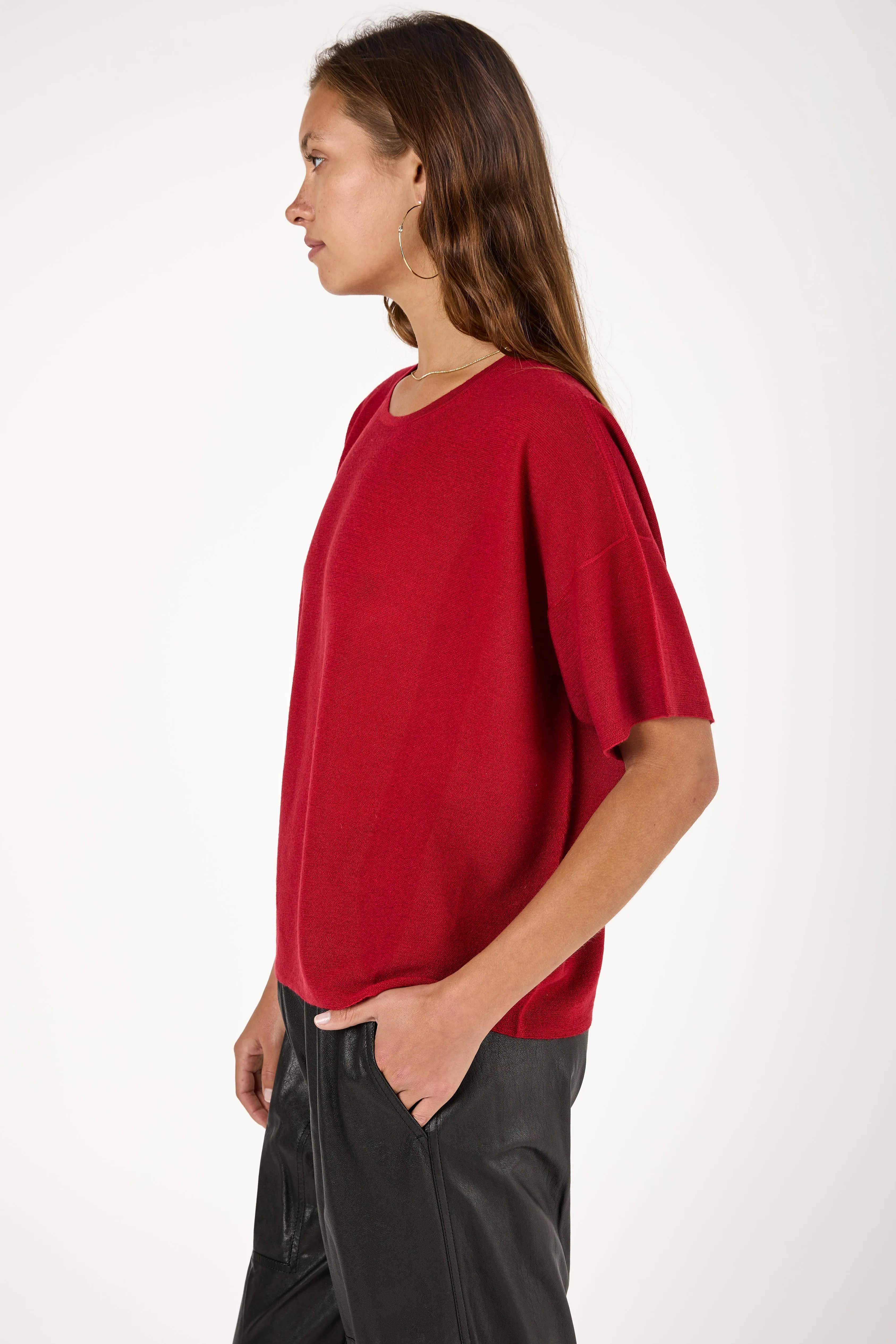 Cashmere Short Sleeve Knit Sweater in Rosso