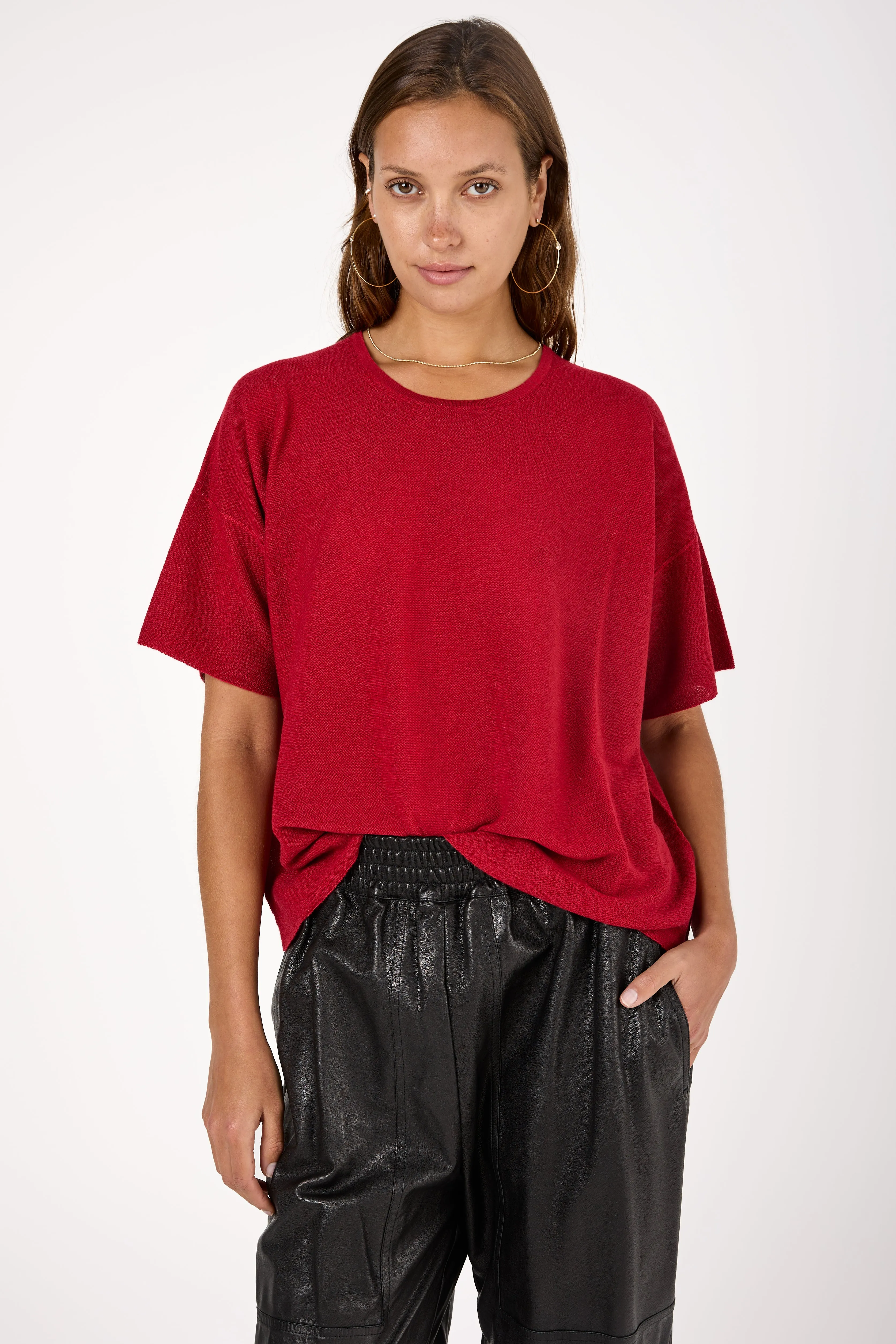 Cashmere Short Sleeve Knit Sweater in Rosso