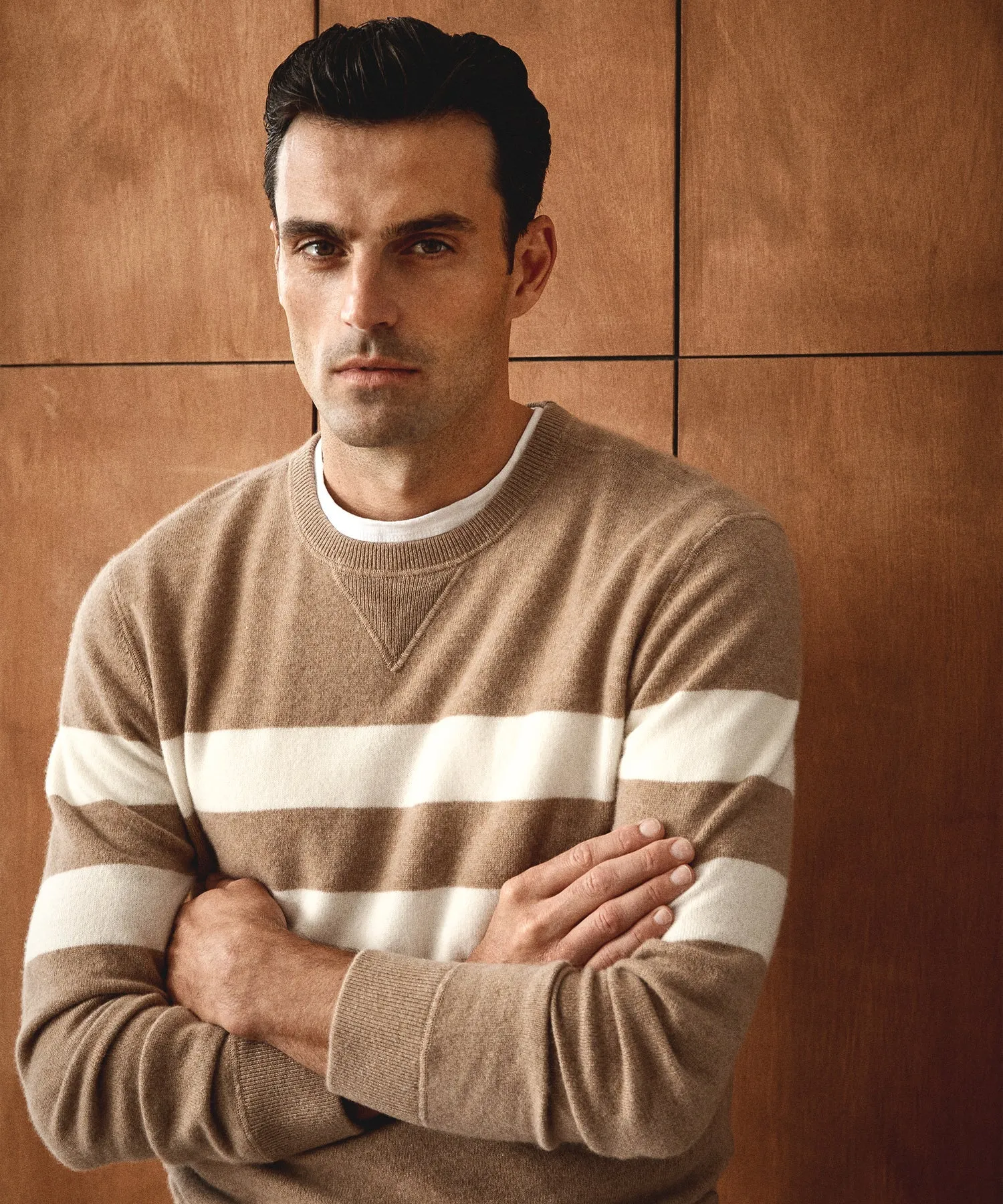 Cashmere Stripe Sweatshirt in Camel