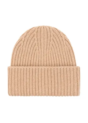 Cashmere thick rib beanie in Camel