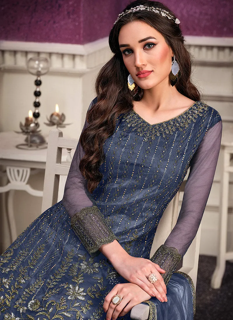 Caspian Blue Designer Embroidered Pant Style Suit