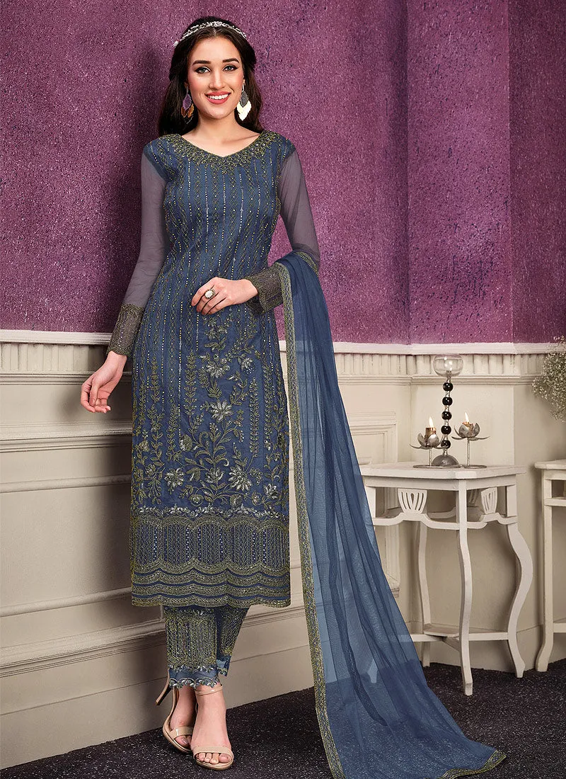 Caspian Blue Designer Embroidered Pant Style Suit