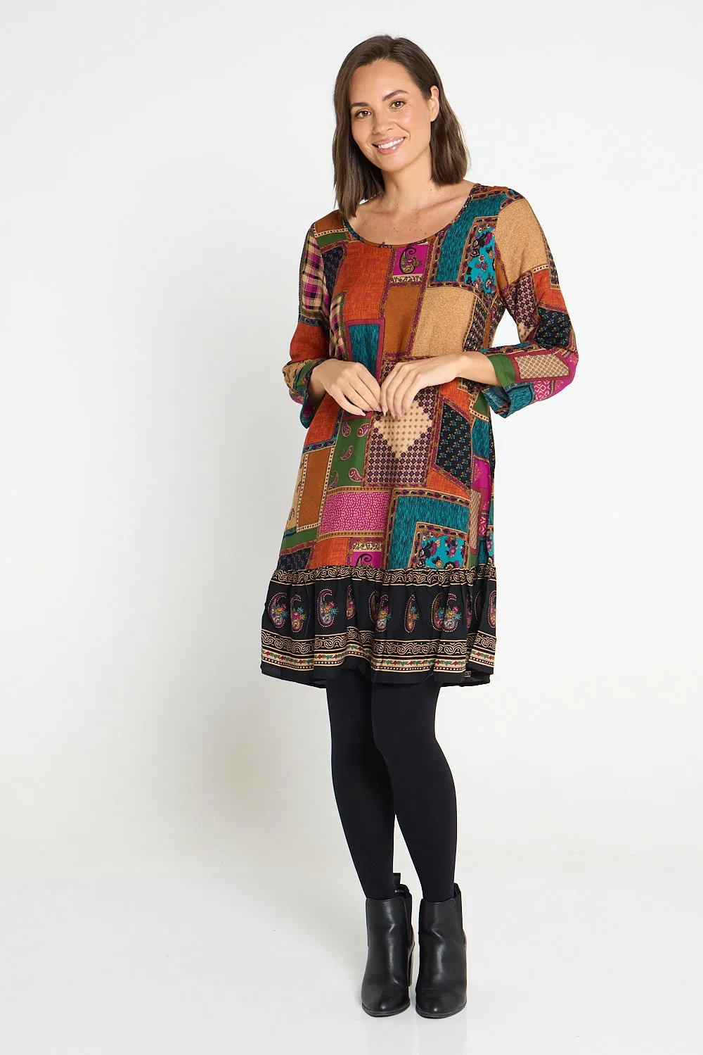 Cassandra Petite Dress - Rust/Teal Paisley Patchwork