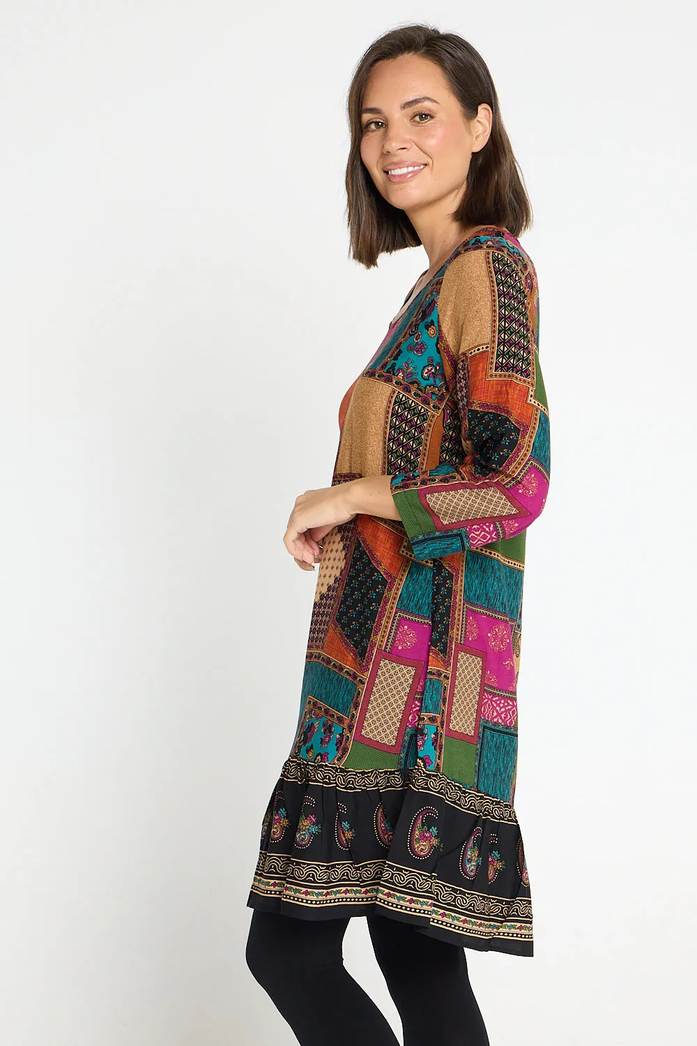 Cassandra Petite Dress - Rust/Teal Paisley Patchwork