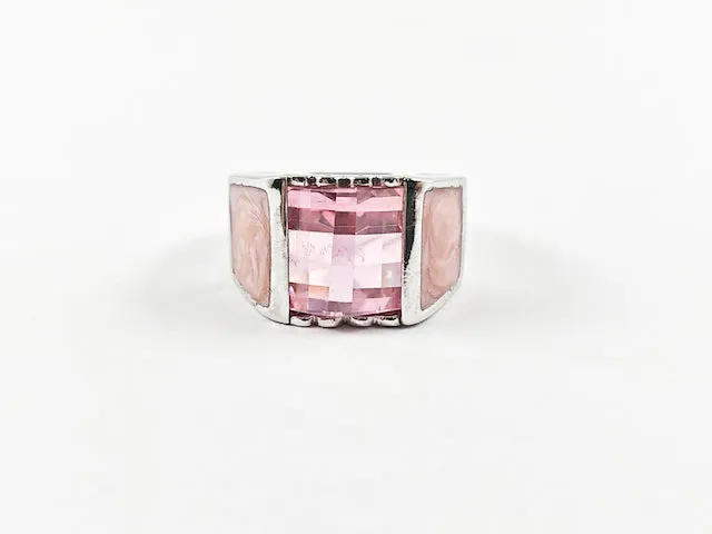 Casual Delicate Pink Square Enamel Silver Ring