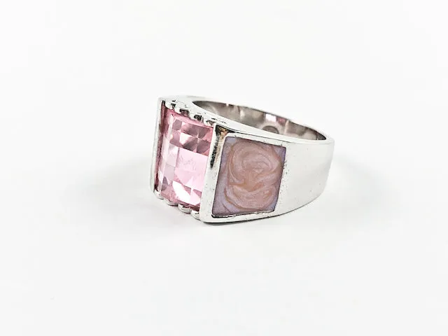 Casual Delicate Pink Square Enamel Silver Ring