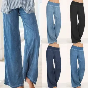 Casual Elastic Waist Denim Wide Leg Pants