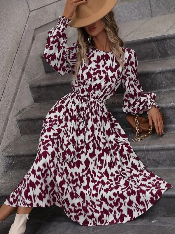 Casual High Waist Long Sleeve Printed Tie-Up Swing Midi Dress Wholesale Dresses