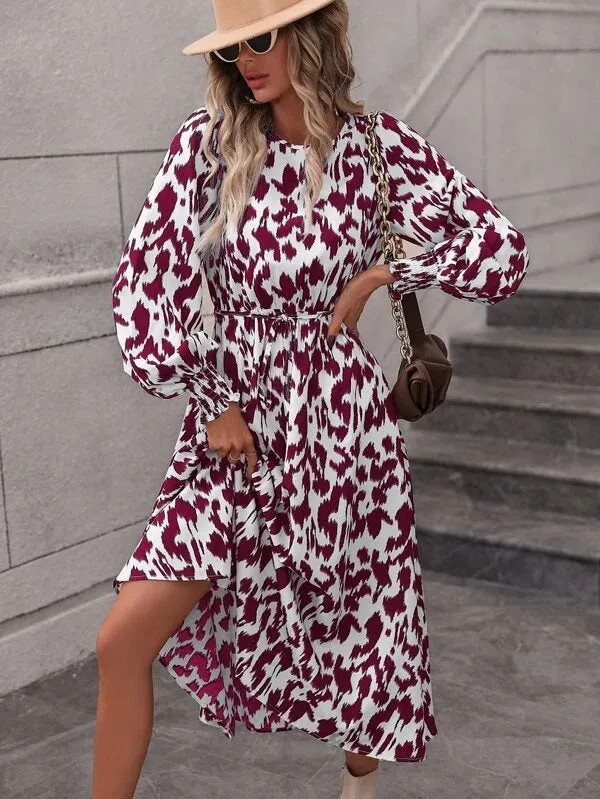 Casual High Waist Long Sleeve Printed Tie-Up Swing Midi Dress Wholesale Dresses