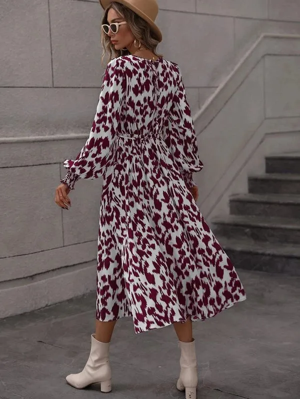 Casual High Waist Long Sleeve Printed Tie-Up Swing Midi Dress Wholesale Dresses