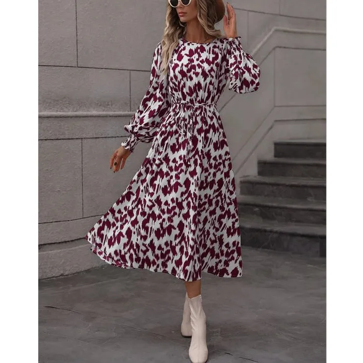 Casual High Waist Long Sleeve Printed Tie-Up Swing Midi Dress Wholesale Dresses