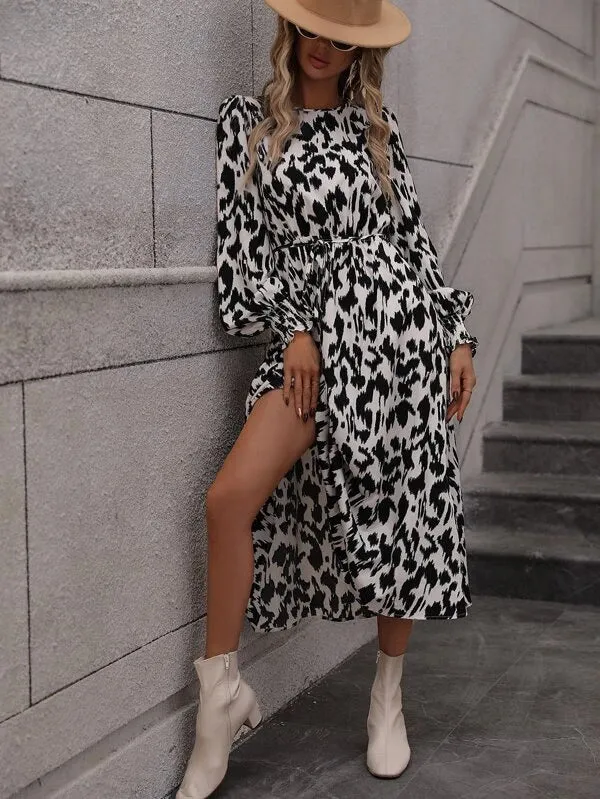 Casual High Waist Long Sleeve Printed Tie-Up Swing Midi Dress Wholesale Dresses