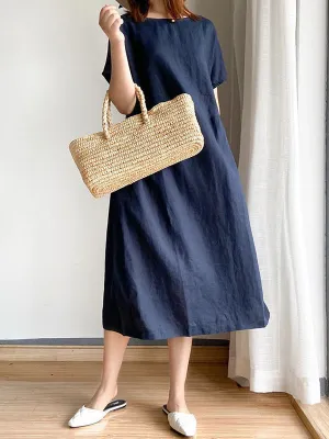 Casual Loose Solid Color Round-Neck Midi Dresses