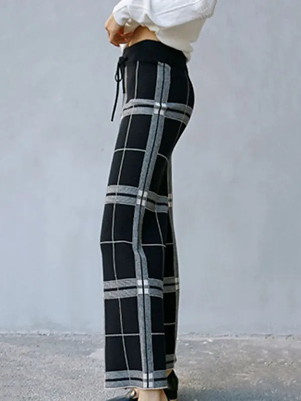 Casual Loose Wide Leg Checkered Drawstring Pants