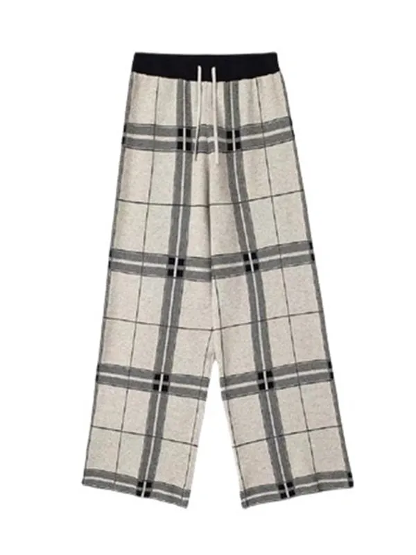 Casual Loose Wide Leg Checkered Drawstring Pants