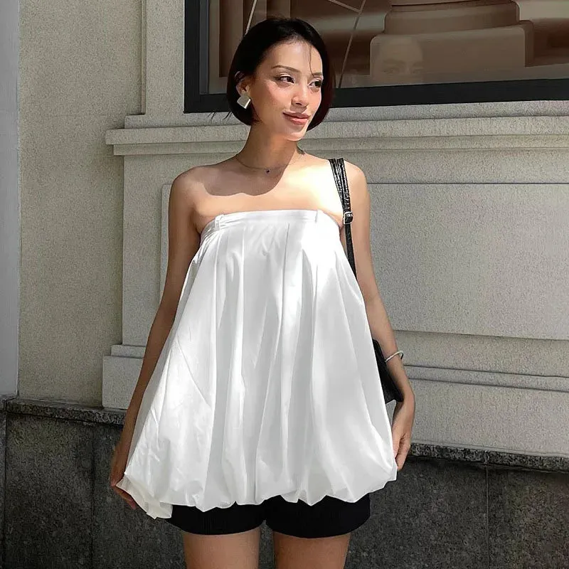 Casual Ruched White New Backless Strapless Mini Loose Splice Dress