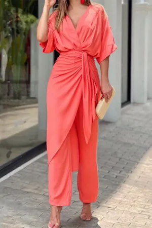 Casual Solid Frenulum V Neck Regular Jumpsuits