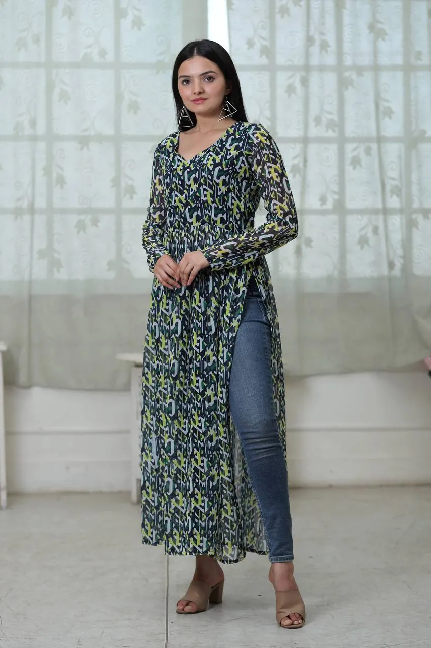 Casual Wear Digital Print Green Color Kurti