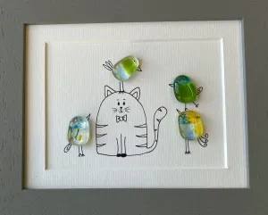 Cat & Birds - Fused Glass and Illustration (NB204)