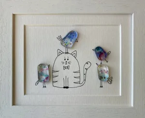 Cat & Birds - Fused Glass and Illustration (NB206)