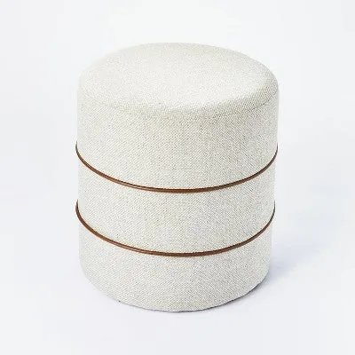 Catalina Round Ottoman Cream with Leather Piping - Threshold designed with