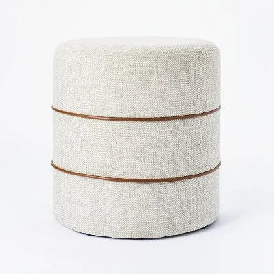 Catalina Round Ottoman Cream with Leather Piping - Threshold designed with