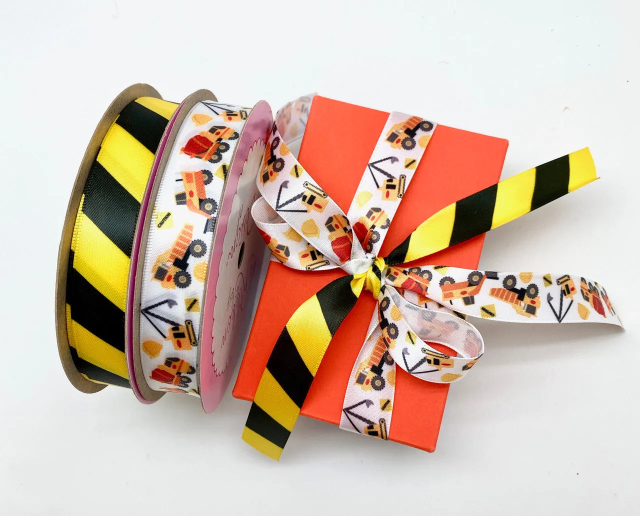 Caution Tape Ribbon with black stripes on 5/8" daffodil yellow single face satin