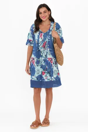 Cayman Blue Palm Cotton Tunic Dress