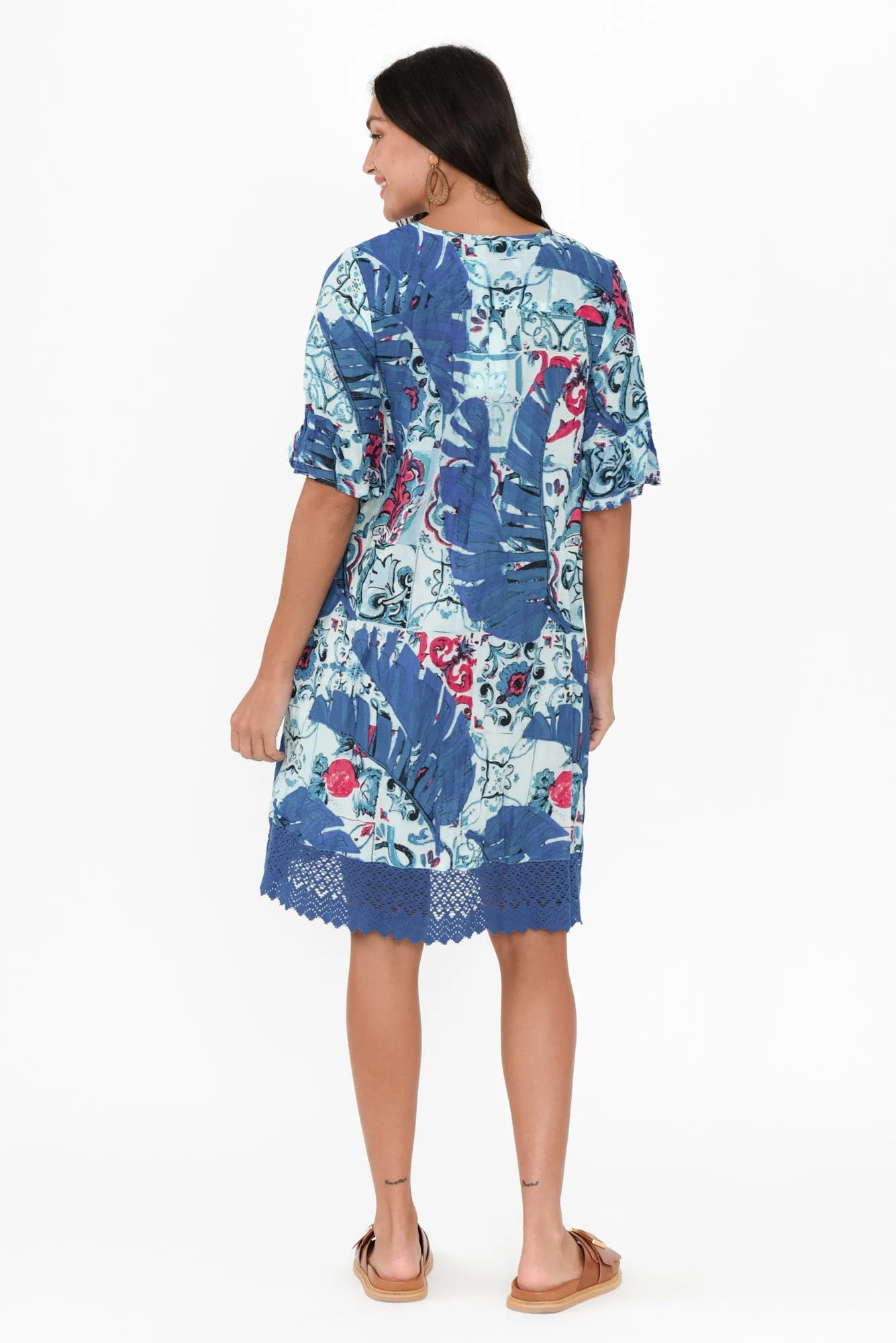 Cayman Blue Palm Cotton Tunic Dress