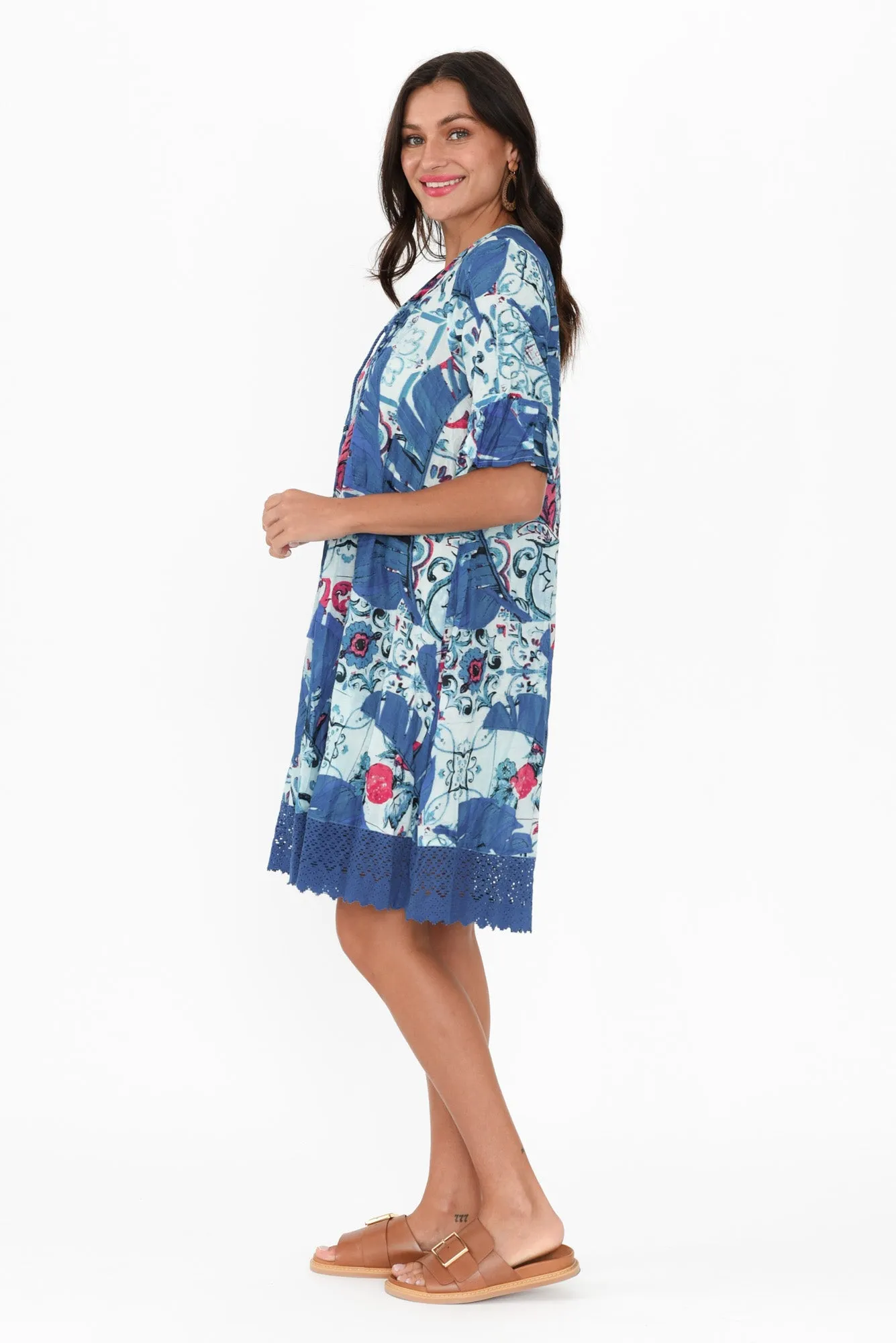 Cayman Blue Palm Cotton Tunic Dress