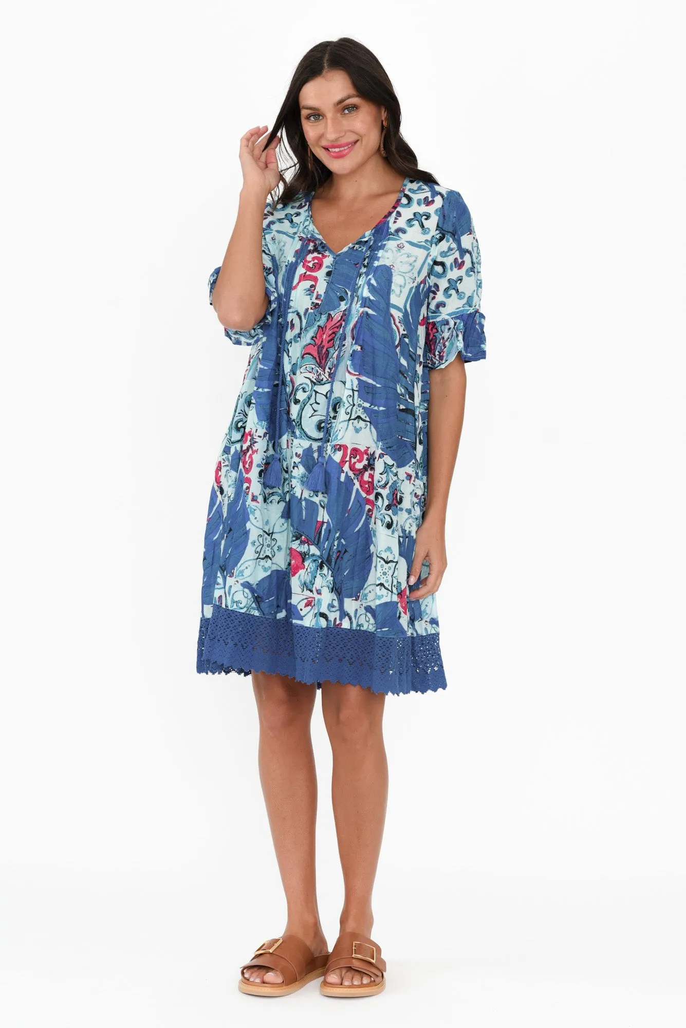 Cayman Blue Palm Cotton Tunic Dress