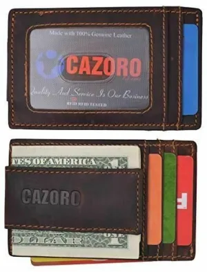 CAZORO Mens Leather Money Clip Magnet Front Pocket Wallet Slim ID Card Case