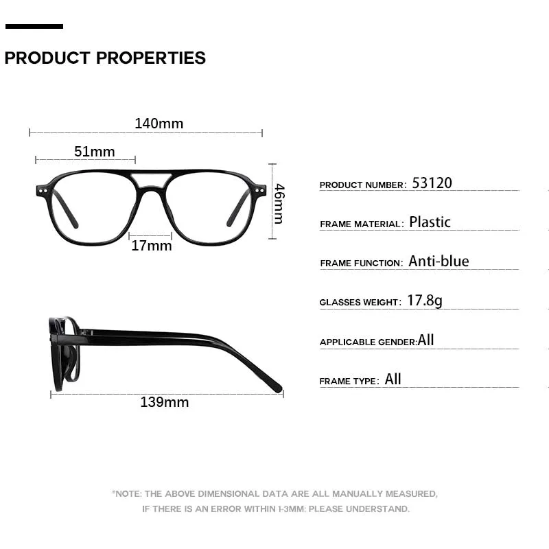 CCspace Unisex Full Rim Square Resin Double Bridge Frame Eyeglasses 53120