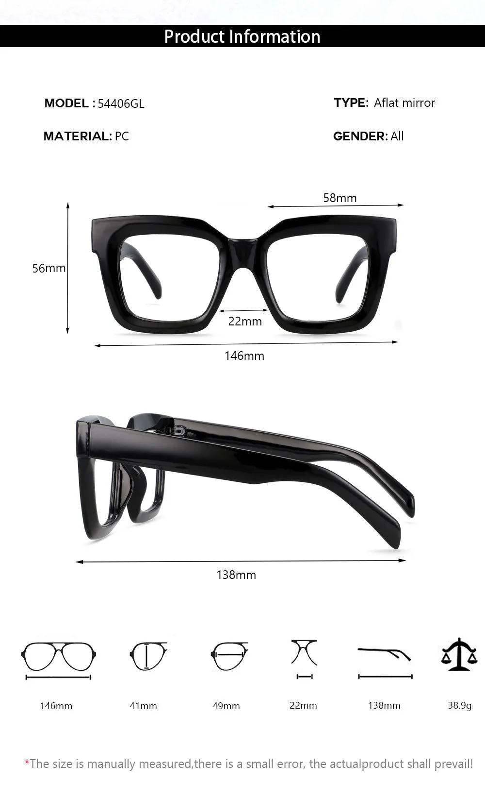 CCspace Unisex Oversized Square Resin Frame Eyeglasses 54406