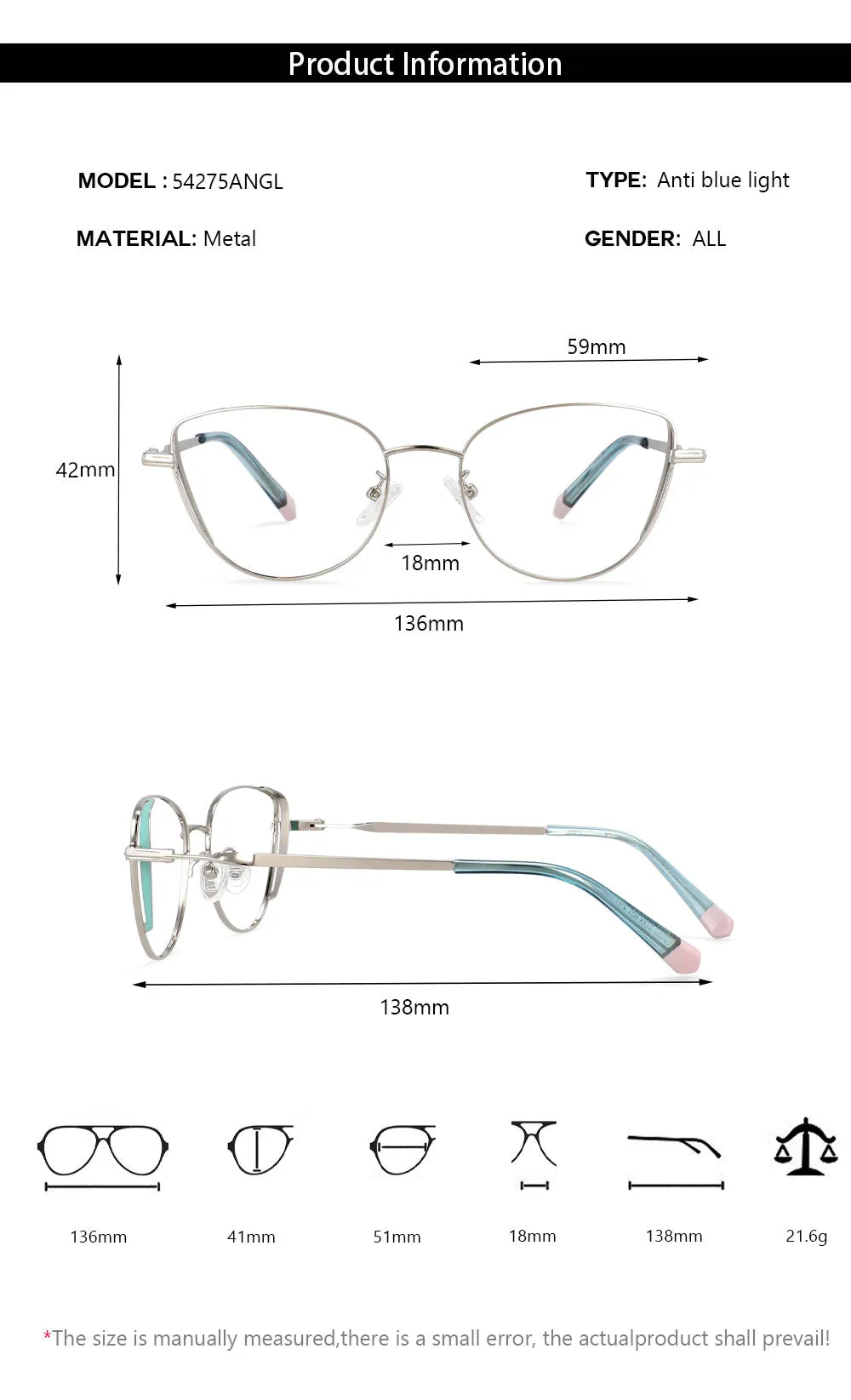 CCspace Women's Full Rim Cat Eye Alloy Frame Eyeglasses 54275