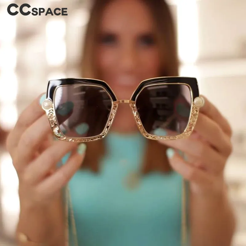 CCspace Women's Full Rim Square Cat Eye Hollow Pearl Alloy Frame Sunglasses 46548