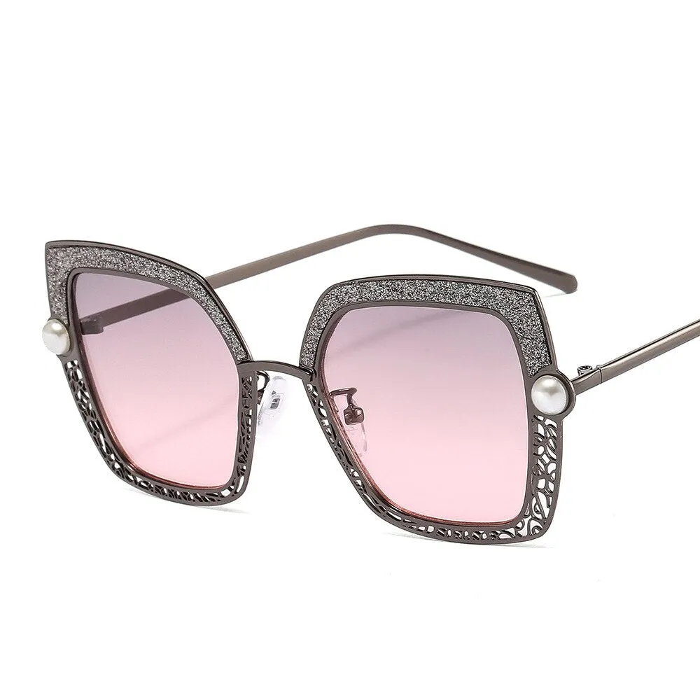 CCspace Women's Full Rim Square Cat Eye Hollow Pearl Alloy Frame Sunglasses 46548