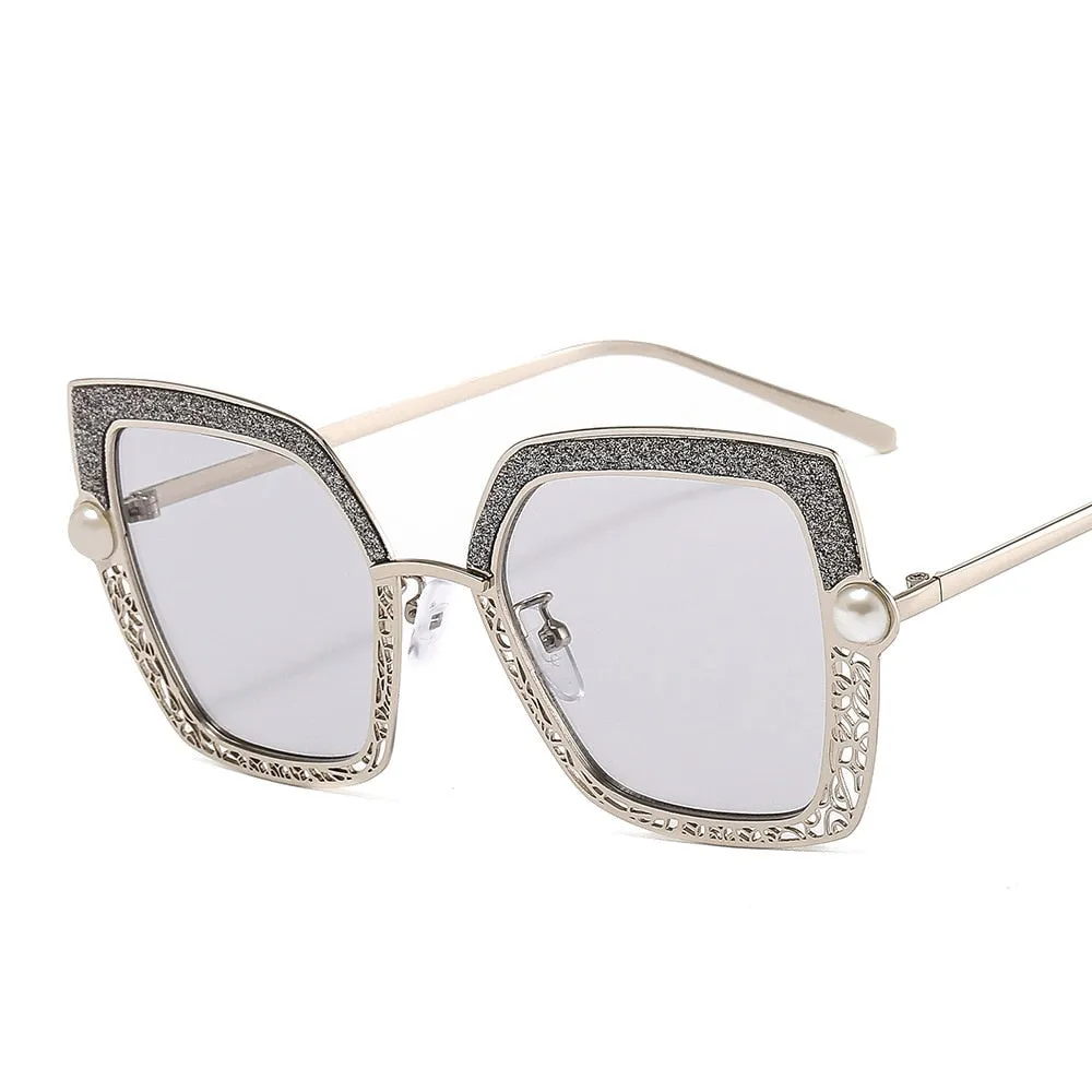 CCspace Women's Full Rim Square Cat Eye Hollow Pearl Alloy Frame Sunglasses 46548