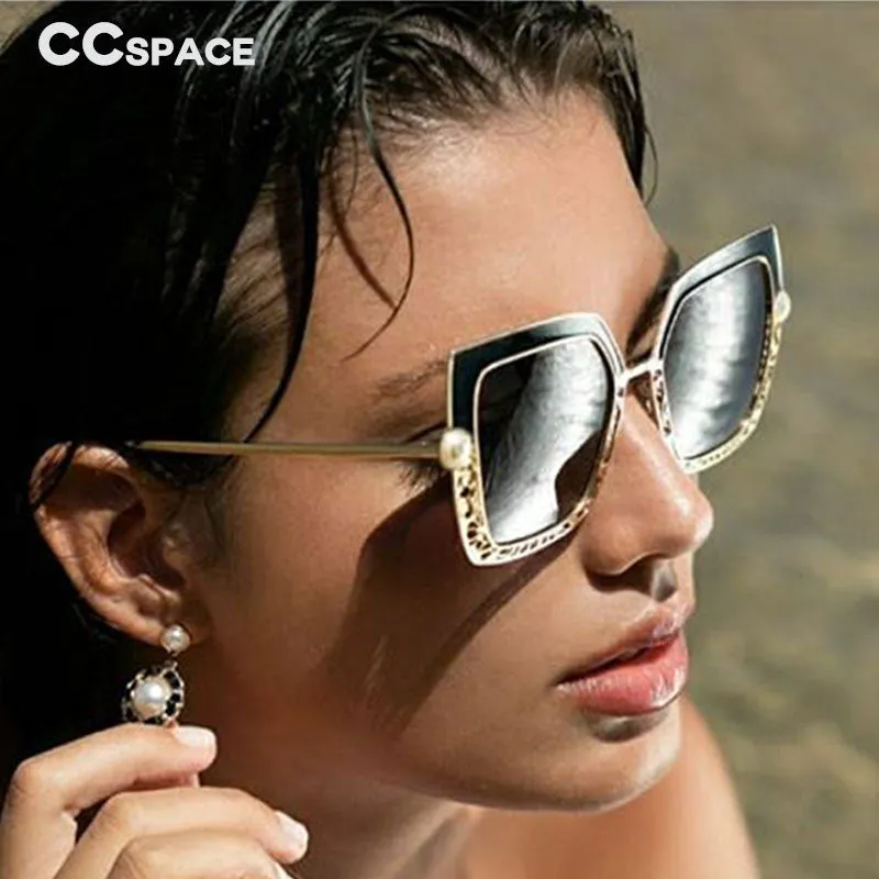 CCspace Women's Full Rim Square Cat Eye Hollow Pearl Alloy Frame Sunglasses 46548