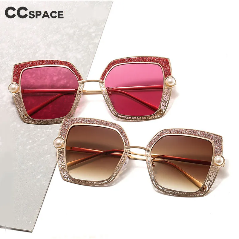 CCspace Women's Full Rim Square Cat Eye Hollow Pearl Alloy Frame Sunglasses 46548