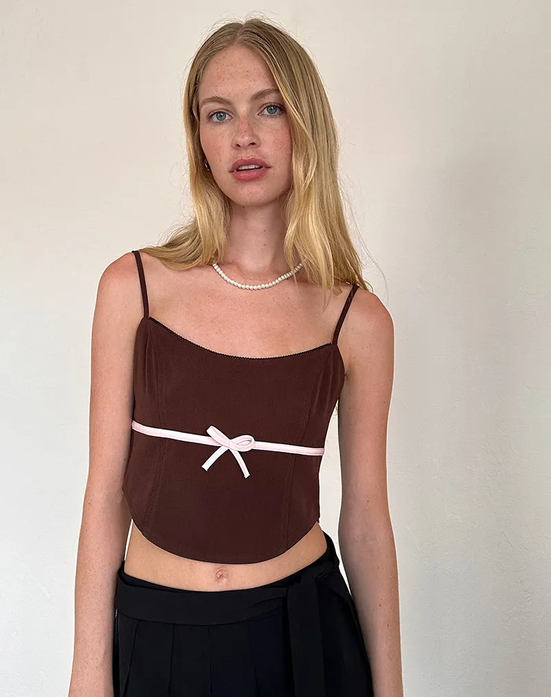 Ceisya Corset Top in Bitter Chocolate with Pink Bow