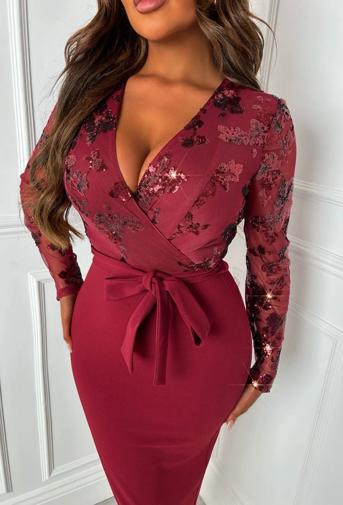 Celebrity Scandal Red Sequin Long Sleeve Midi Dress