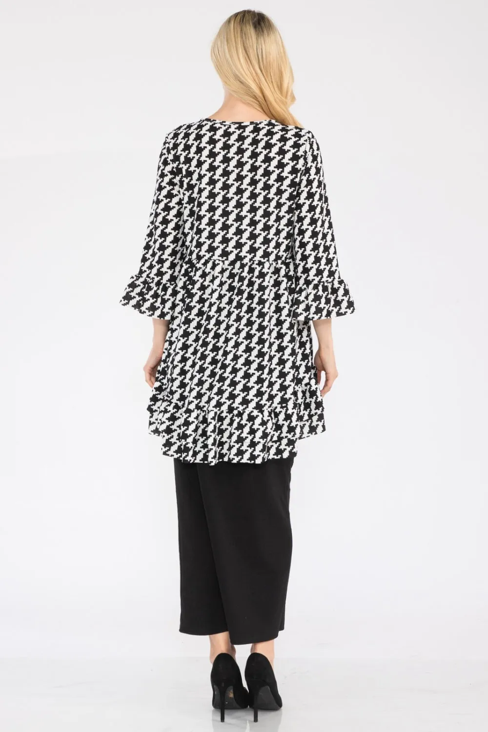 Celeste Full Size Houndstooth Flounce Sleeve High-Low Top